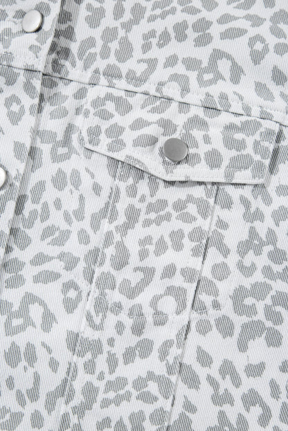 White Leopard Printed Flap Pocket Denim Jacket