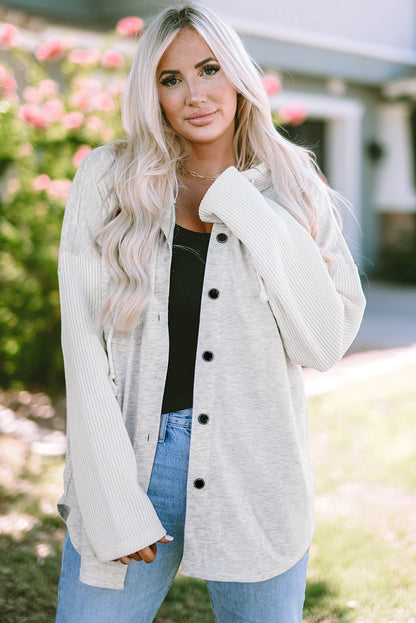 Gray Button Up Contrast Knitted Sleeves Hooded Jacket