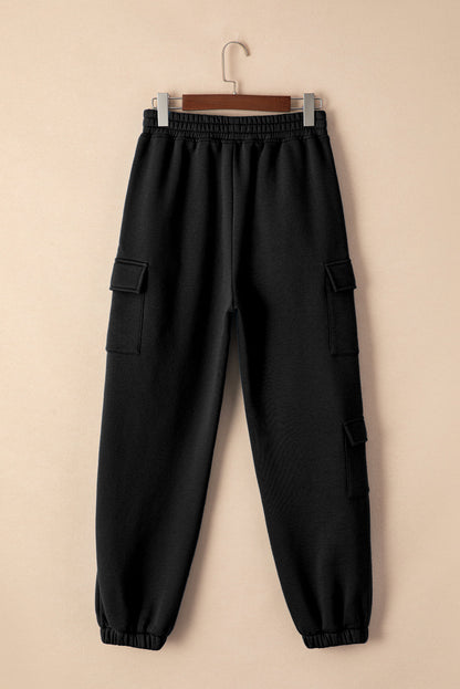 Black Solid Multi Pockets Elastic High Waist Active Pants