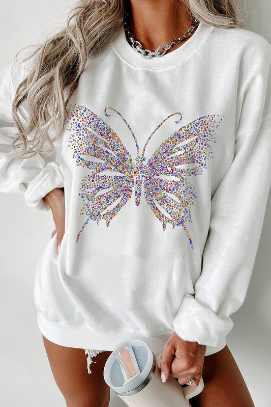 White Rhinestone Butterfly Graphic Crewneck Oversized Sweatshirt