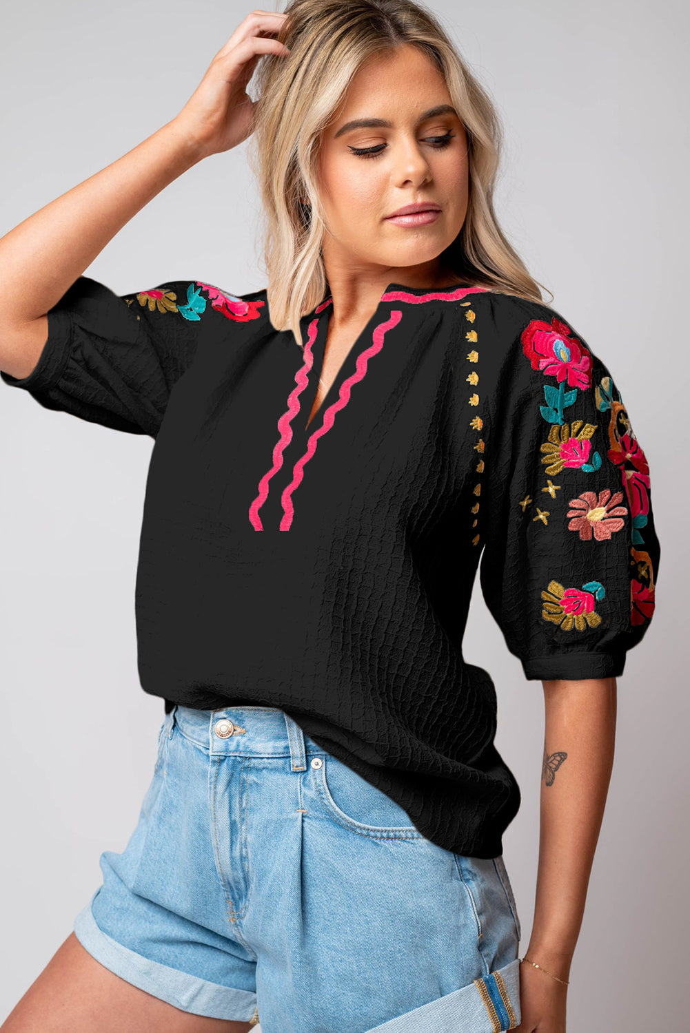 Black Floral Embroidered Ricrac Puff Sleeve Textured Blouse