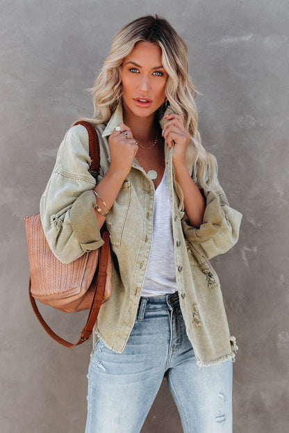 Green Distressed Fringe Trim Denim Jacket