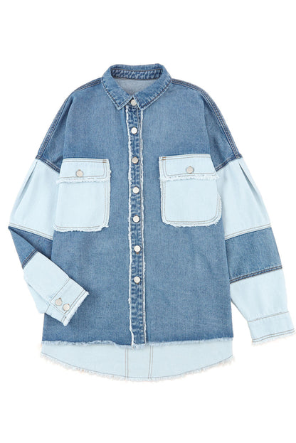 Blue Color Block Frayed Patchwork Oversize Denim Jacket