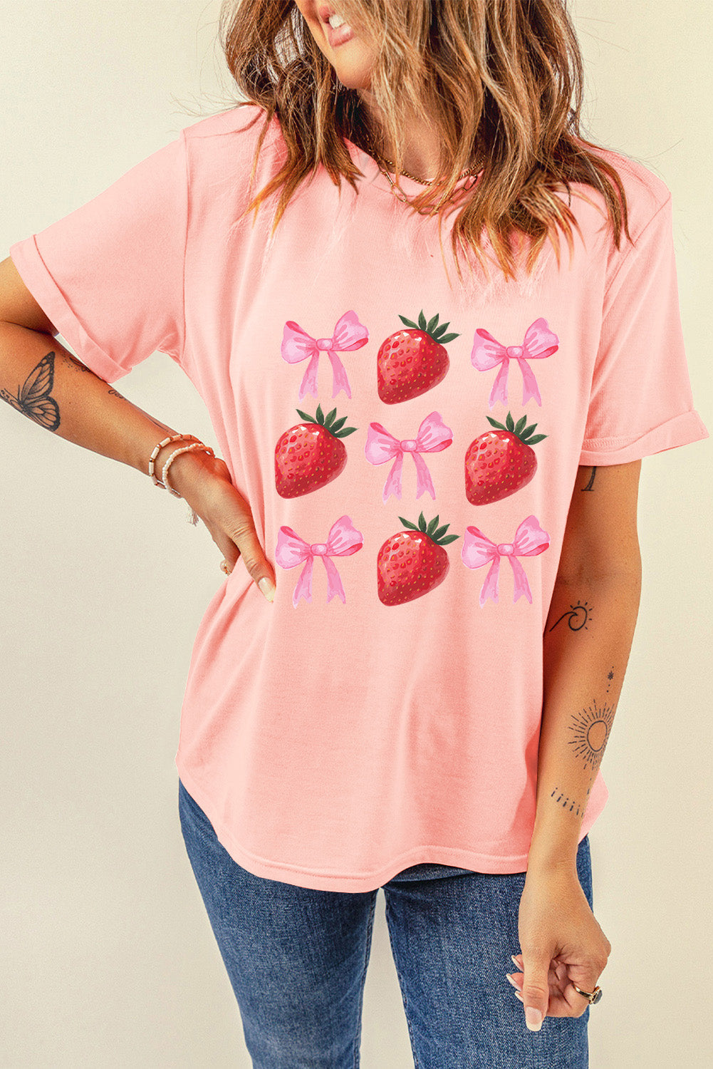 Pink Strawberry & Bowknot Graphic T Shirt