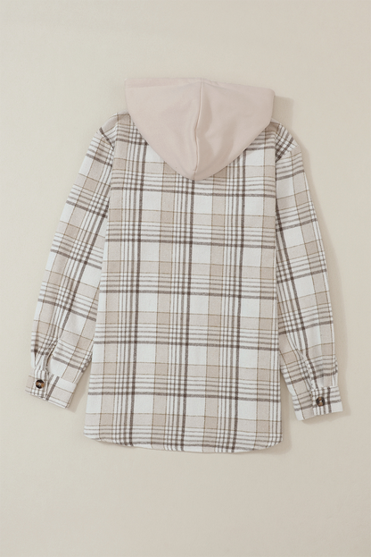 Khaki Plaid Removable Hood Buttoned Shacket