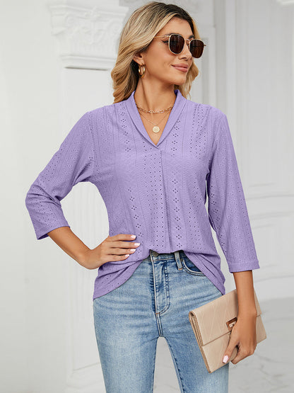 T-Shirts - V-Neck Pleated Casual Loose Medium Sleeve T-Shirt - MsDressly