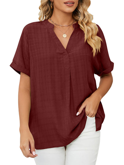 T-Shirts - Solid V-Neck Loose Short Sleeve T-Shirt - MsDressly