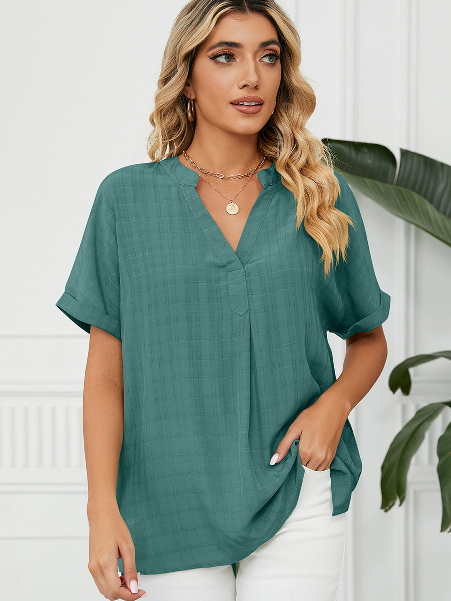 T-Shirts - Solid V-Neck Loose Short Sleeve T-Shirt - MsDressly