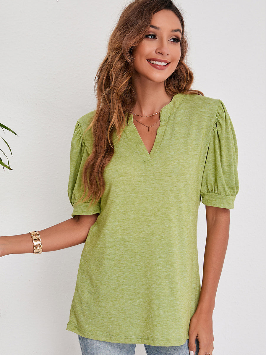 T-Shirts - V-Neck Solid Color Puff Sleeve Loose T-Shirt - MsDressly