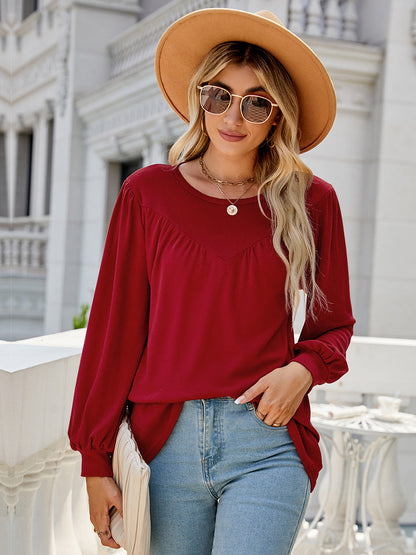 T-Shirts - Lantern Sleeve Round Neck Long Sleeve Casual T-Shirt - MsDressly