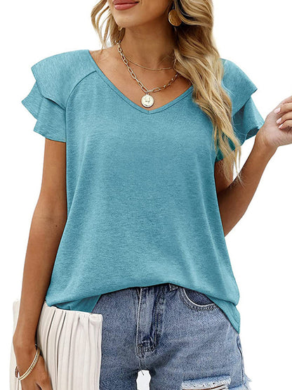 T-Shirts - Solid Color V-Neck Ruffled Sleeves Loose T-Shirt - MsDressly