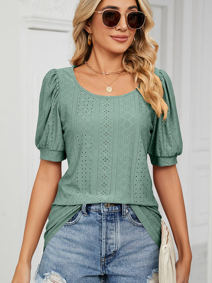 Blouses - Casual Round Neck Solid Color Hollow Loose T-Shirt - MsDressly