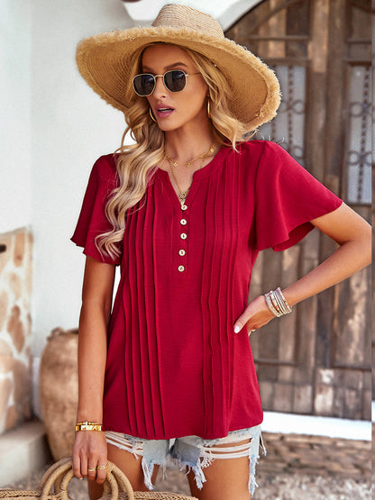 T-Shirts - Solid Loose Casual Short-Sleeved V-Neck T-Shirts - MsDressly