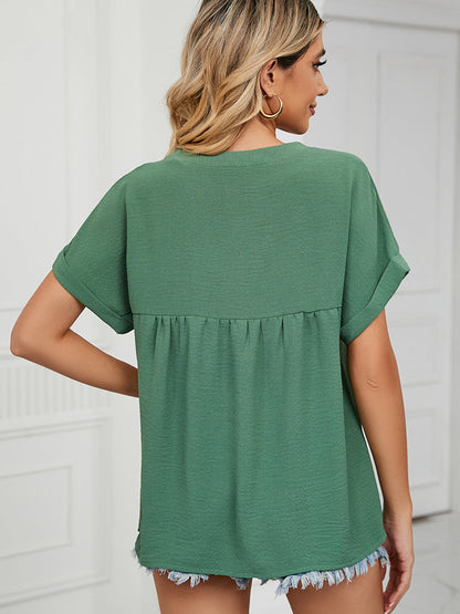 T-Shirts - Solid Color V-Neck Loose Short Sleeve Chiffon T-Shirt - MsDressly