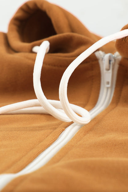 Brown Zip-Up Pocket Drawstring Hoodie Jacket