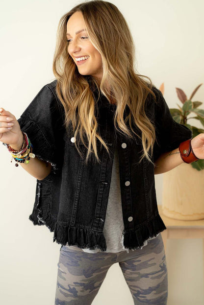 Black Raw Edge Ruffled Short Sleeve Denim Jacket