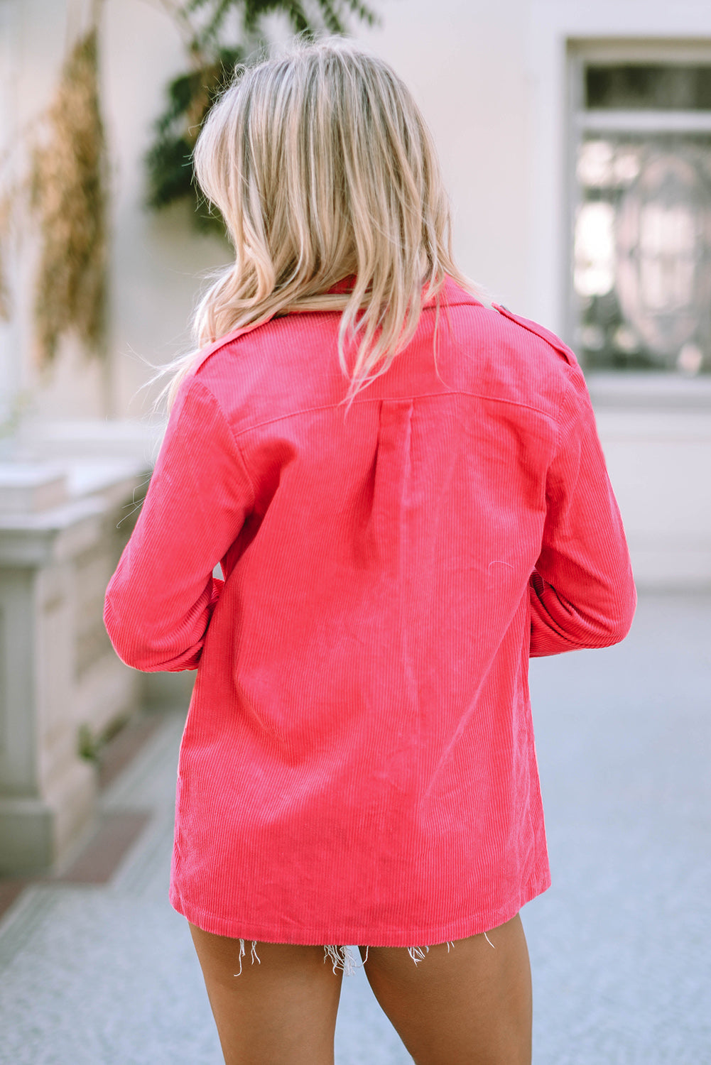 Pink Buttoned Flap Pocket Corduroy Jacket