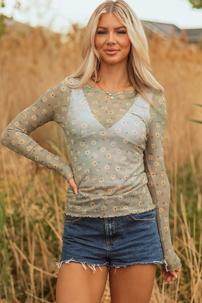 floral mesh long sleeve top