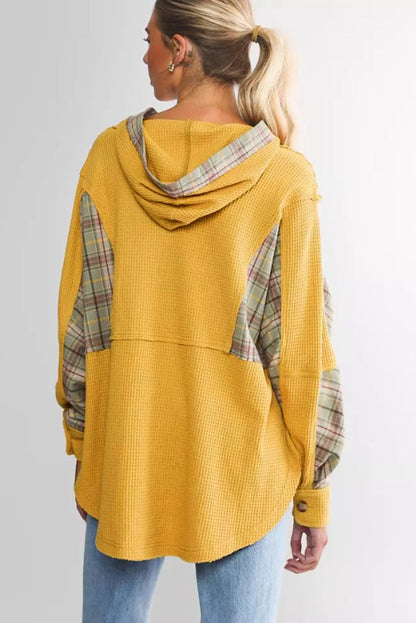 Yellow Waffle Knit Plaid Patchwork Pocketed Henley Hoodie