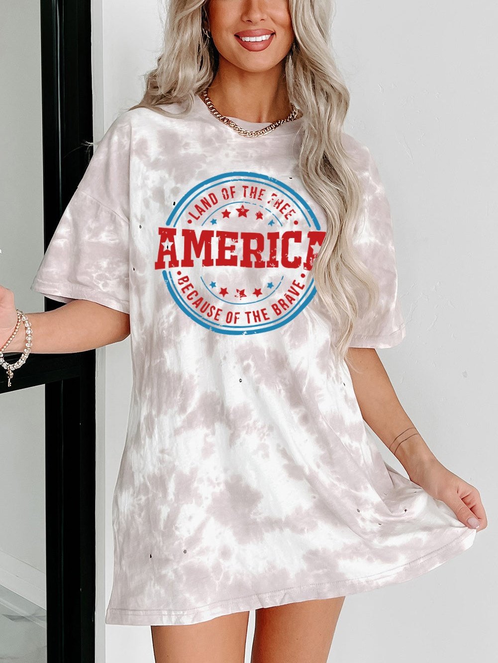 American Flag Distressed Tie-dye Graphic Tee - White Oversized Casual T-shirt