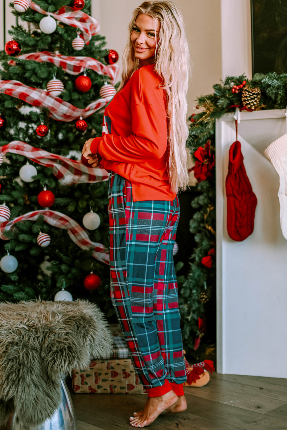 Multicolor ALL IS BRIGHT Graphic Christmas Plaid Pajamas Set