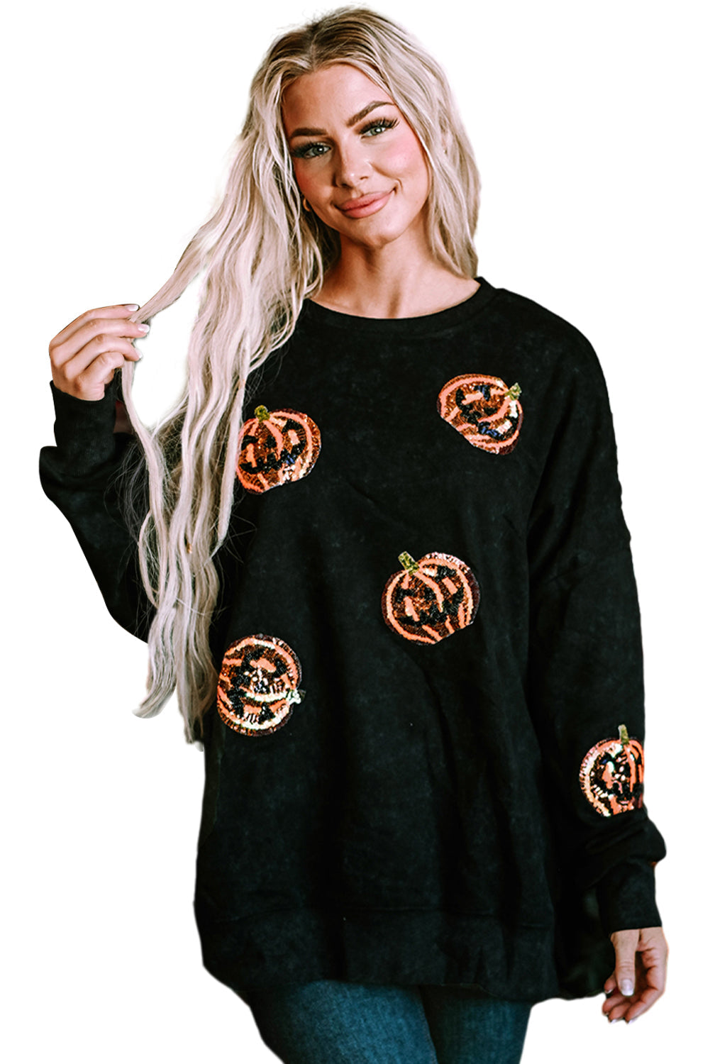 Black Sequined Jack O Lantern Split Hem Baggy Sweatshirt