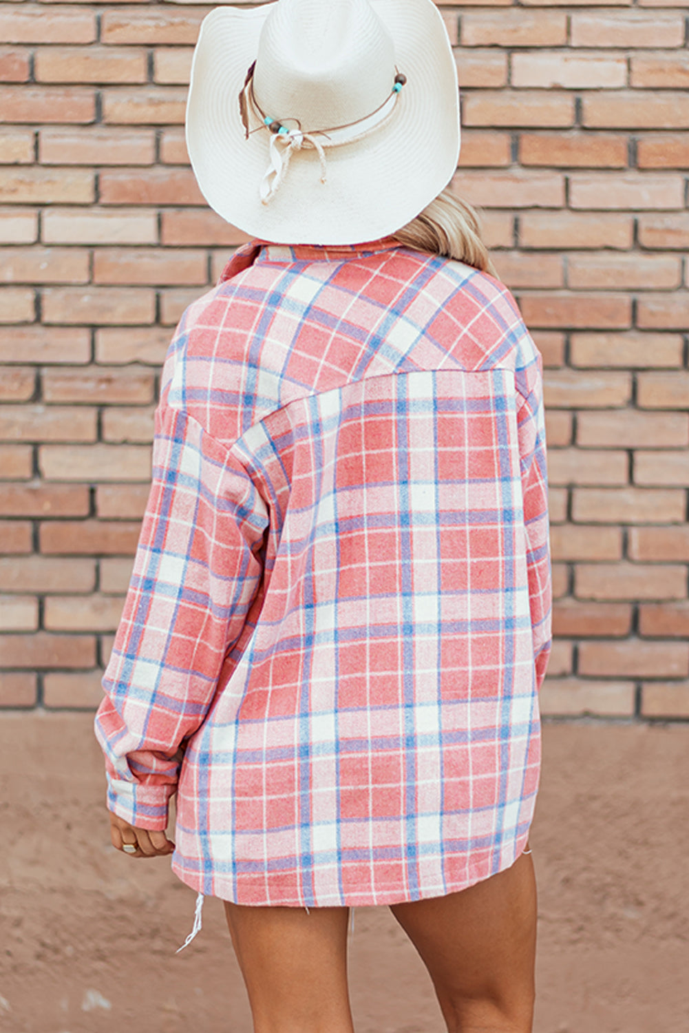 Pink Plaid Flap Pocket Button Up Shacket