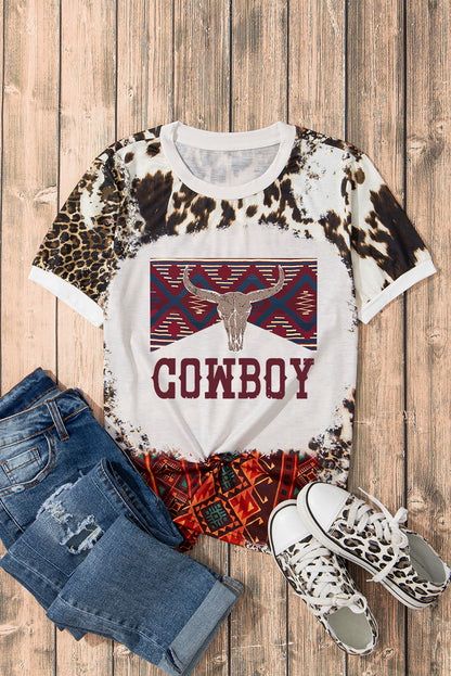 Dark Brown Leopard Aztec COWBOY Steer Head Graphic Crewneck T Shirt