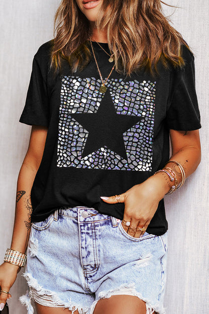 Black Star Marble Glitter Print Crew Neck T Shirt