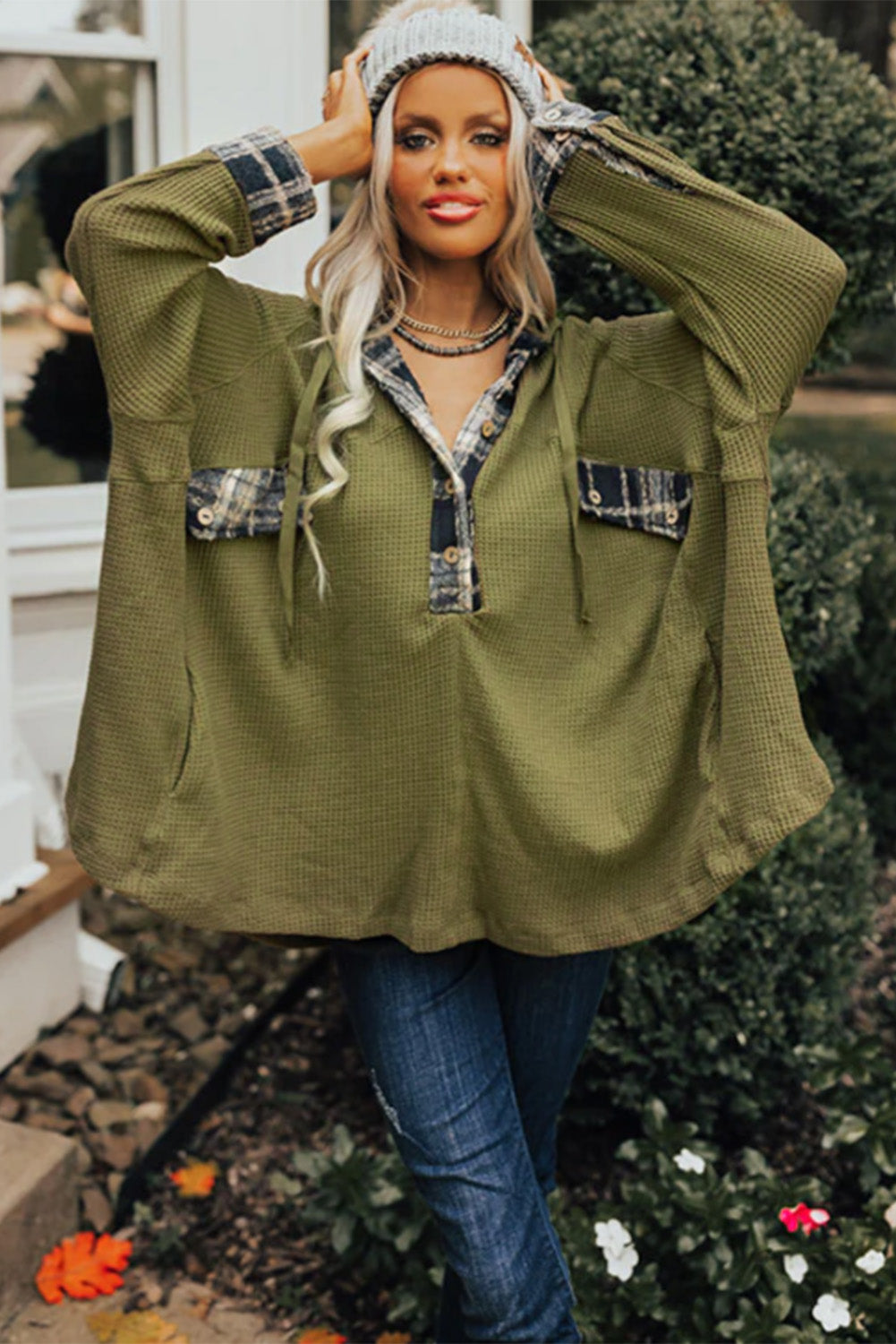 Green Plaid Patchwork Waffle Knit Henley Hoodie with Oversized Fit