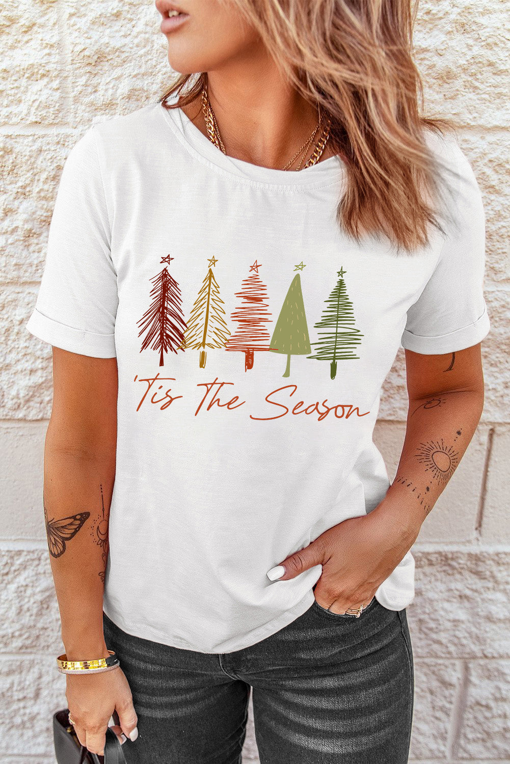 White Cute Christmas Trees Print Crew Neck T Shirt