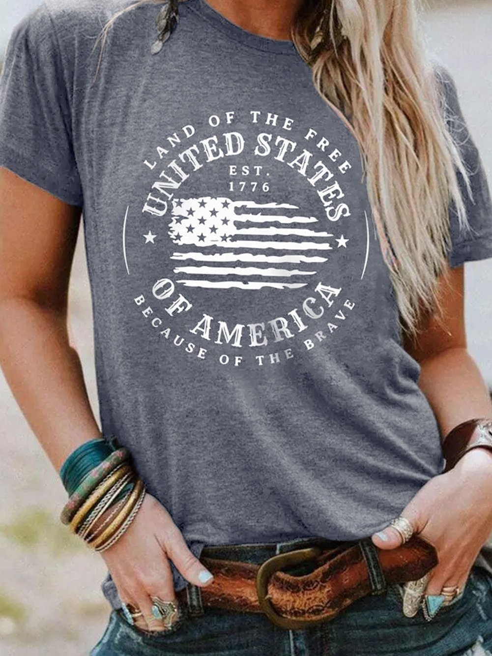 American Flag Print Gray Graphic Tee - Patriotic Short Sleeve T-Shirt