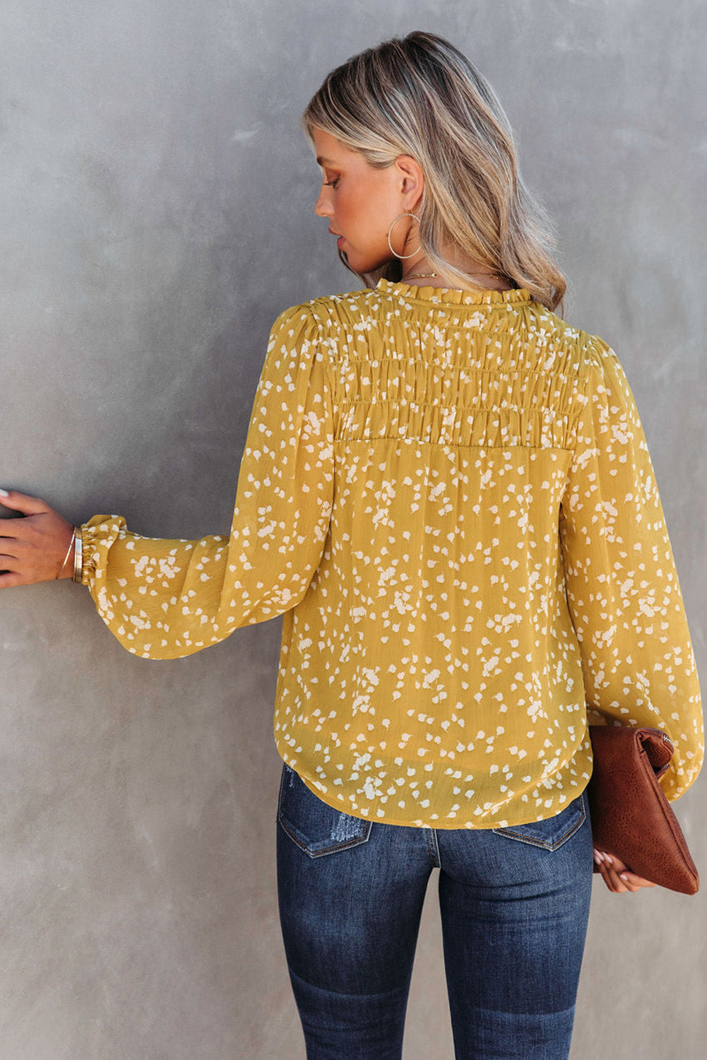 Yellow Floral V-Neck Crinkled Blouse for Early Fall