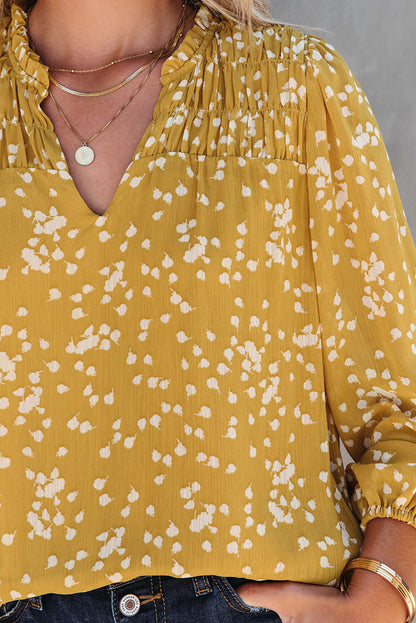 Yellow Floral V-Neck Crinkled Blouse for Early Fall