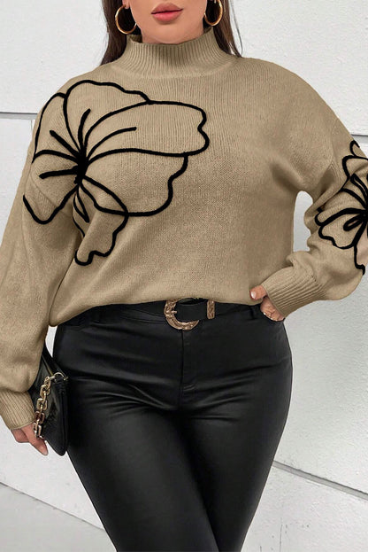 Dark Khaki Plus Size Big Flower Pattern High Neck Drop Shoulder Sweater