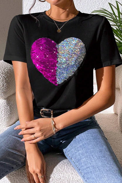 Black Valentine Two Tone Sequined Heart Shaped Graphic T Shirt