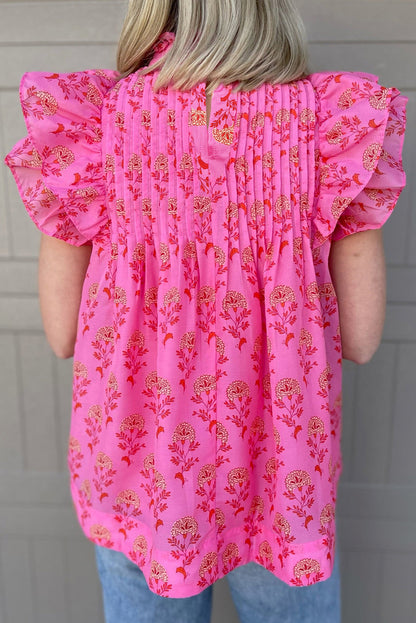 Rose Red Floral Print Pleated Ruffled Flutter Sleeve Blouse