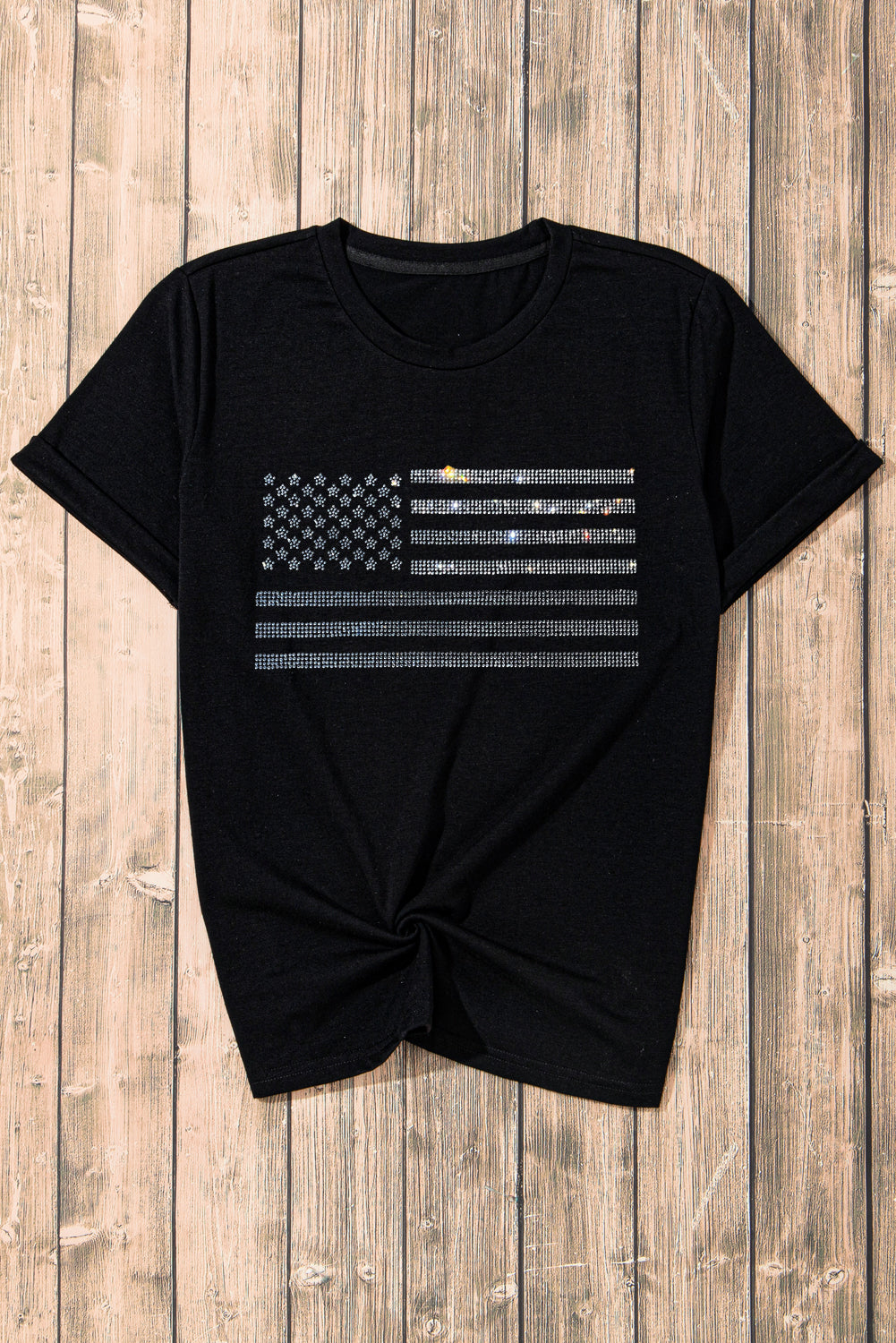 Black Glittering Rhinestone American Flag Pattern T Shirt