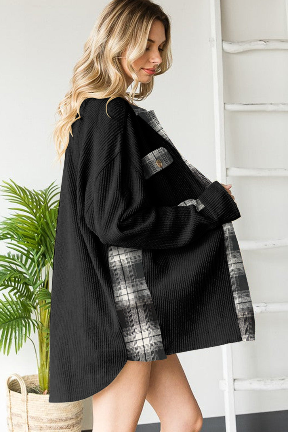 Black Plaid Patchwork Waffle Thermal Knit Shacket