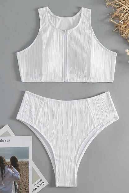 Zippered White Textured Racerback High Waisted Bikini Set