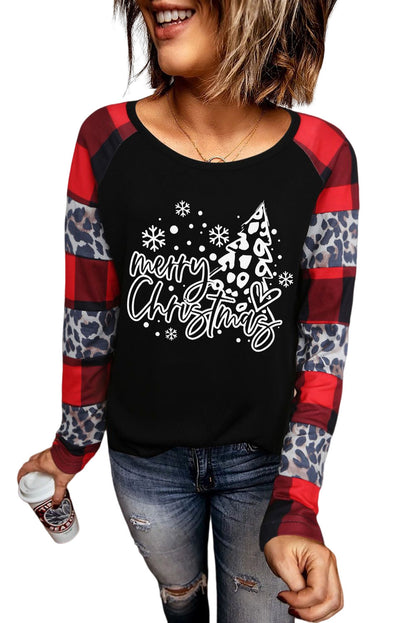 Black Merry Christmas Plaid Leopard Patchwork Long Sleeve Top