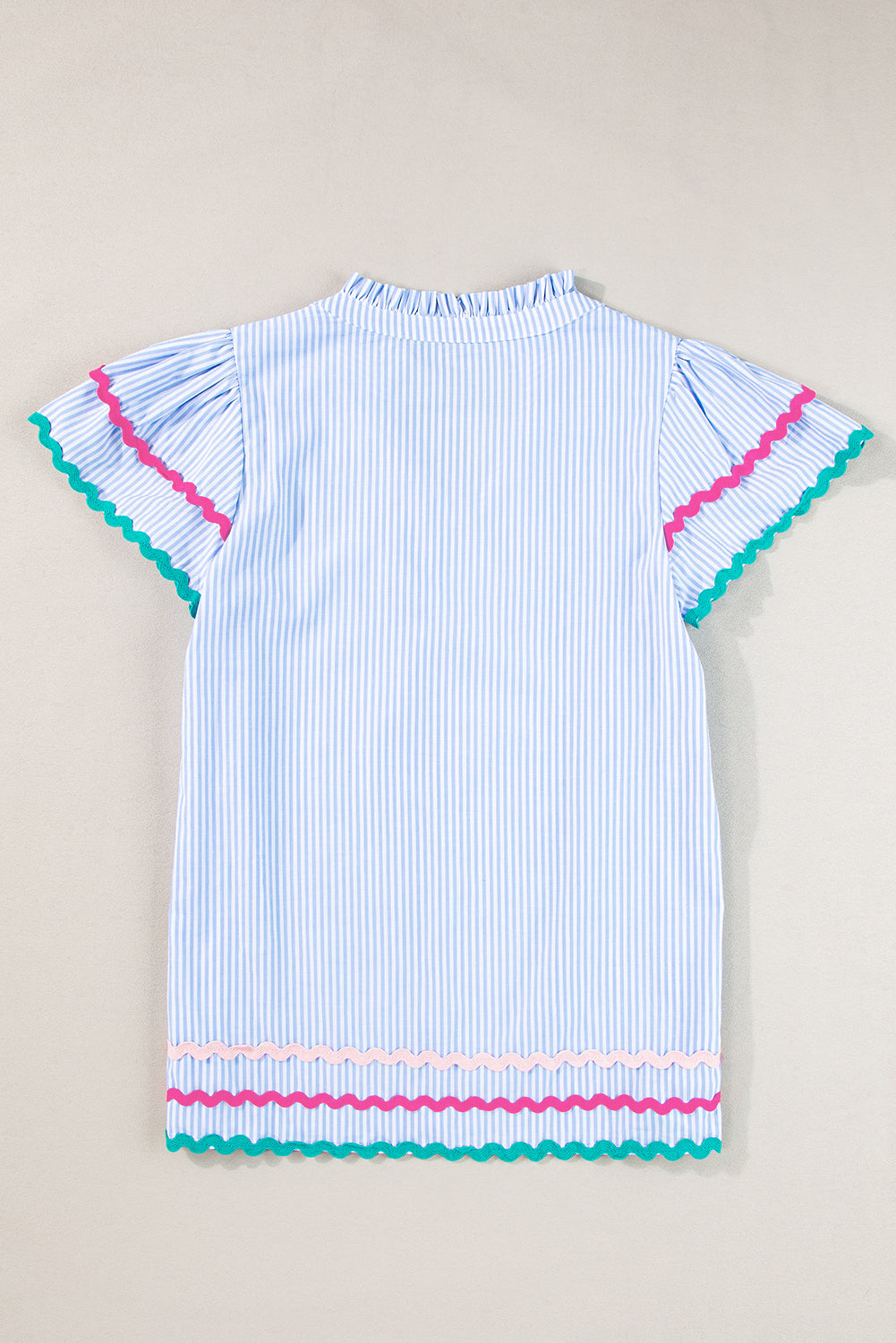 Sky Blue Stripe Ricrac Trim Split Neck Striped Ruffled Sleeve Blouse