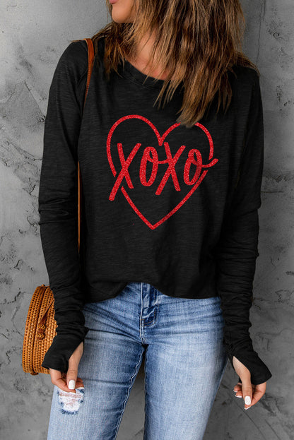 Black XOXO Heart Shaped Print Long Sleeve Top