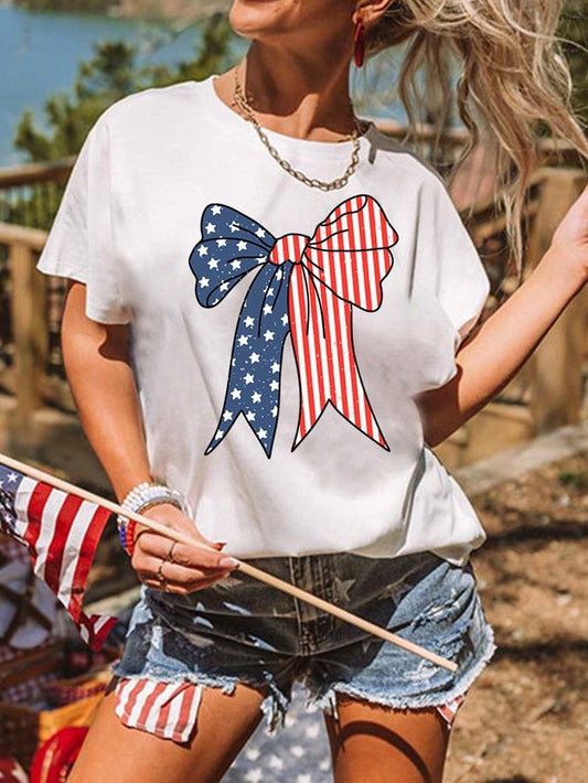 American Flag Bow Knot Graphic Print Casual Tee