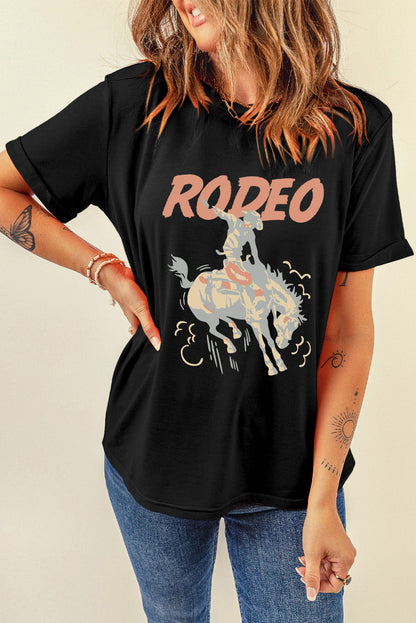 Black RODEO Cowboy Graphic Crewneck T Shirt