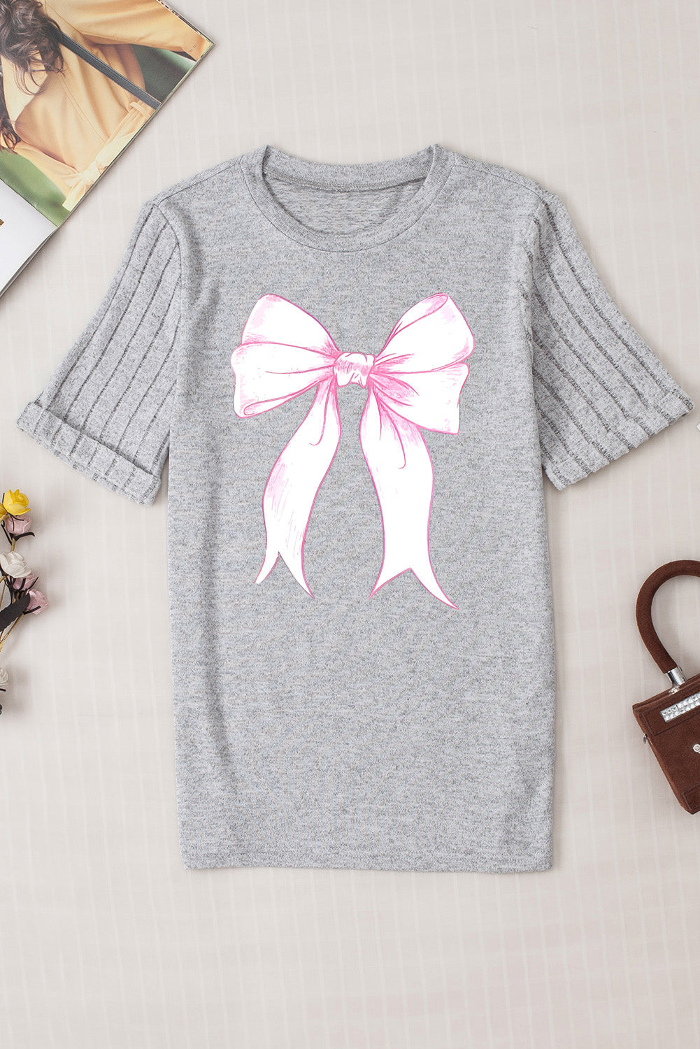 Gray Bow Knot Print Ribbed Knit Sleeve Round Neck Tee