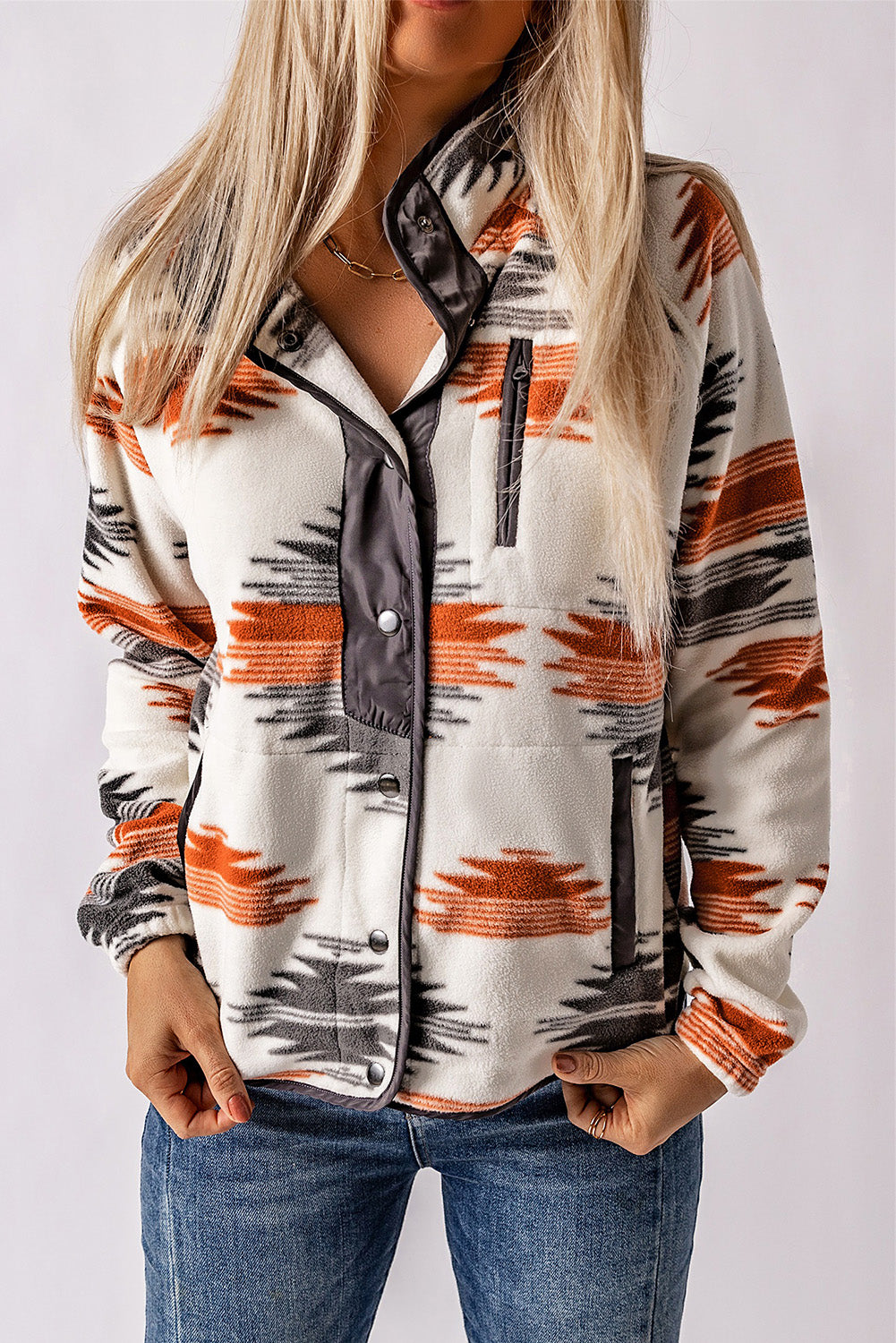 Gray Western Aztec Snap Buttoned Fleece Jacket