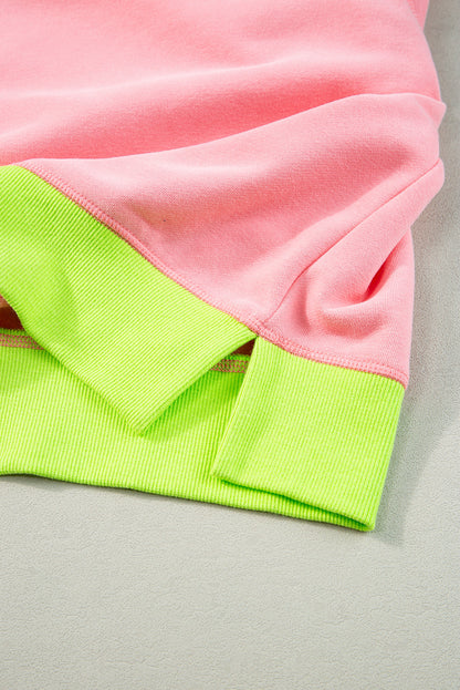 Pink Colorblock Bubble Sleeve Sweatshirt