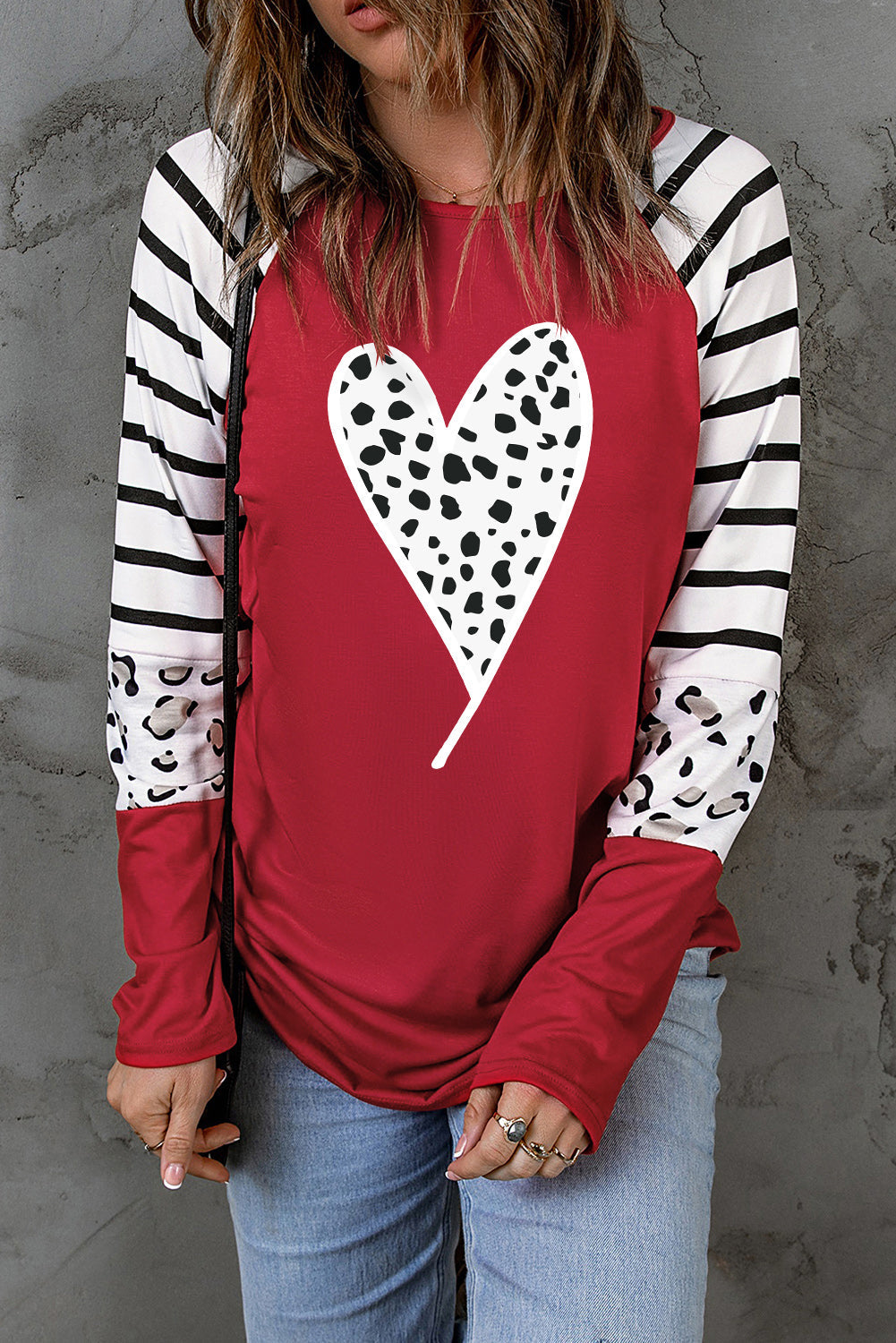 Fiery Red Valentines Leopard Heart Print Color Block Long Sleeve Top