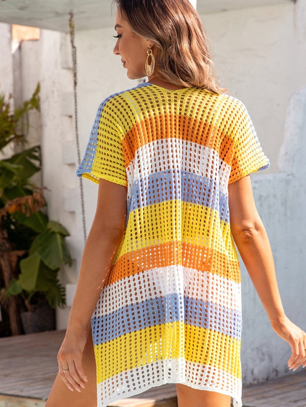 Yellow Colorblock Striped Crochet V Neck Tunic Cover Up